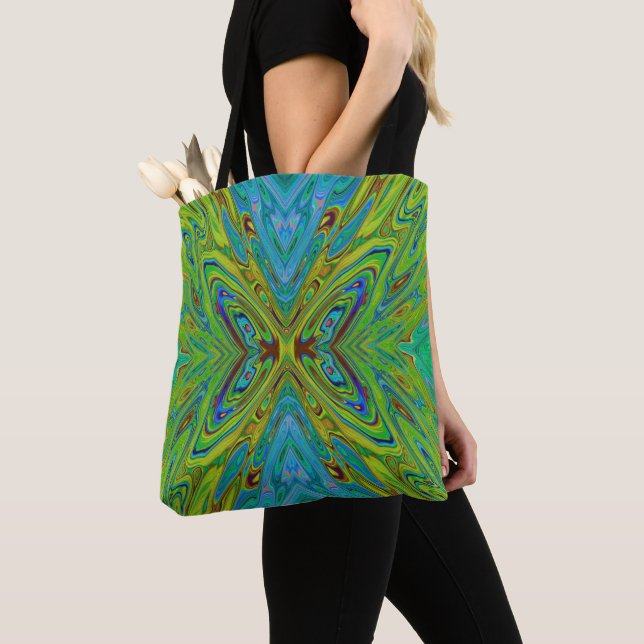 Tote Bag Trippy Chartreuse et Bleu papillon Abstrait (De près)