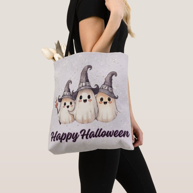 Tote Bag Trois fantômes Chapeaux de sorcière Argent Joyeux  (De près)