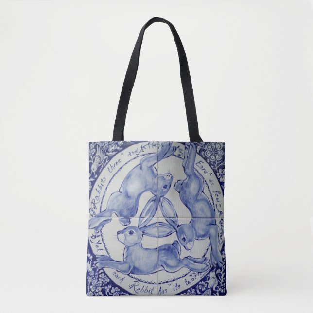 Tote Bag Trois Hares Rabbit Bleu et blanc Médaillon Oiseau (Devant)