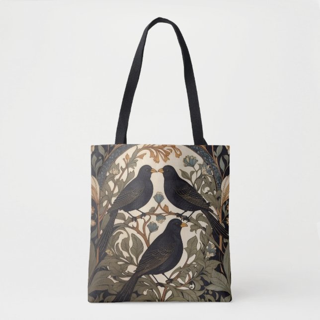 Tote Bag Trois oiseaux noirs William Morris Inspiré (Devant)