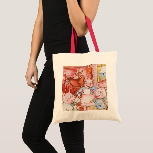 Tote Bag Trois Petits Cochons Cuisinant Loup, Conte de Fées (Devant (produit))