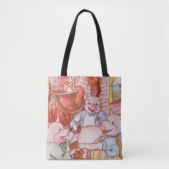 Tote Bag Trois Petits Cochons Cuisinant Loup, Conte de Fées (Devant)