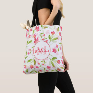 Tote Bag Trois tiges de fleurs à motif aquarelle rose corai