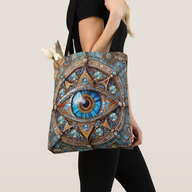 Tote Bag Troisième Œil - Mandala Bleu Turquoise Or (De près)