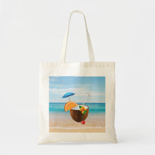 Tote Bag Tropical Beach,Blue Sky,Ocean Sand,Coconut Coctail