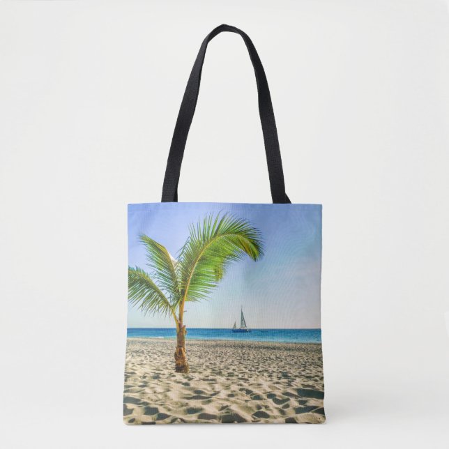 Tote Bag Tropical Beaches | Sailboat, Palm Tree, Aruba (Devant)