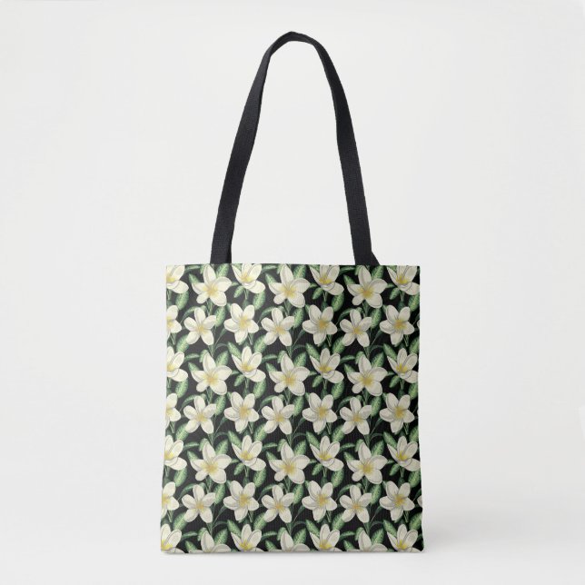 Tote Bag Tropical continu motif fleurs blanches feuille ver (Devant)