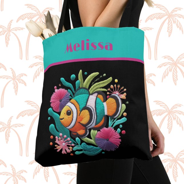 Tote Bag Tropical Faux Broderie Poisson Turquoise Rose Nom (Créateur téléchargé)
