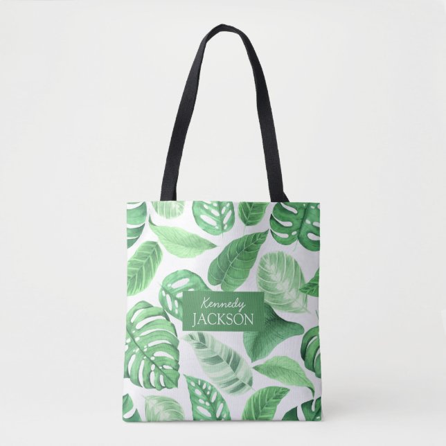 Tote Bag Tropical Floral Vert Feuille Verdure Monogramme (Devant)