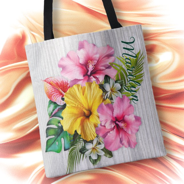 Tote Bag Tropical Flowers Gray Wood Personalized AOP (Créateur téléchargé)