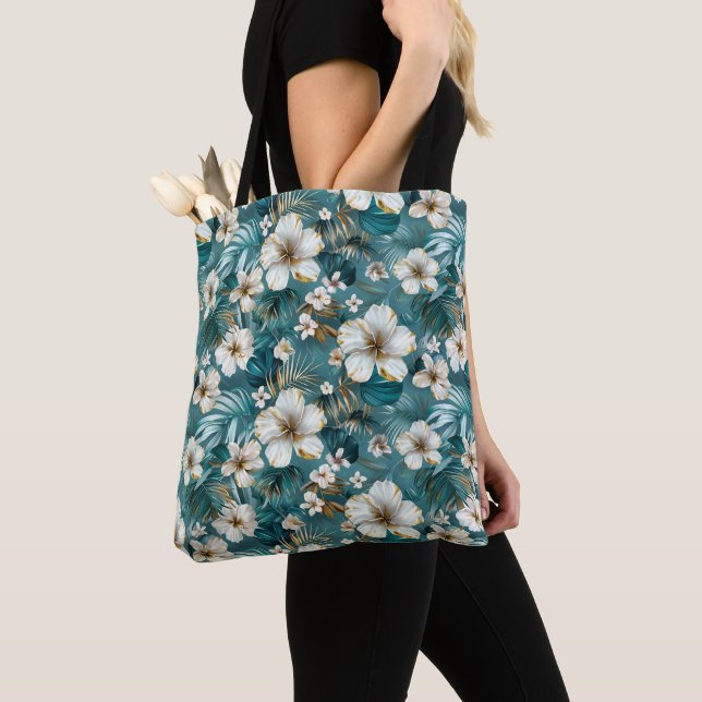 Tote Bag Tropical Hibiscus Floral Sarcelle (De près)