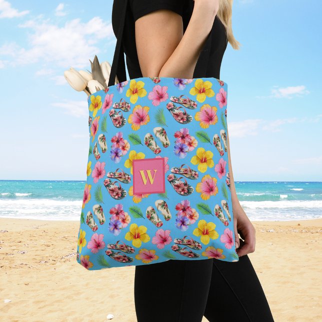 Tote Bag Tropical Hibuscus Flip Flops Folid Pink Monogramme (Créateur téléchargé)