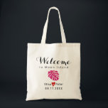 Tote Bag Tropical magenta leaf destination wedding welcome<br><div class="desc">Tropical living magenta pink leaf destination wedding welcome bag accented with a red heart. I includes a tropical fuchsia leaf and the word "Welcome' in a calligraphy style font. Personalize it with your names and date of the wedding.</div>