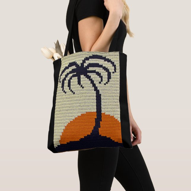 Tote Bag Tropical Palm Tree Sunrise Artisan Crochet Imprime (De près)