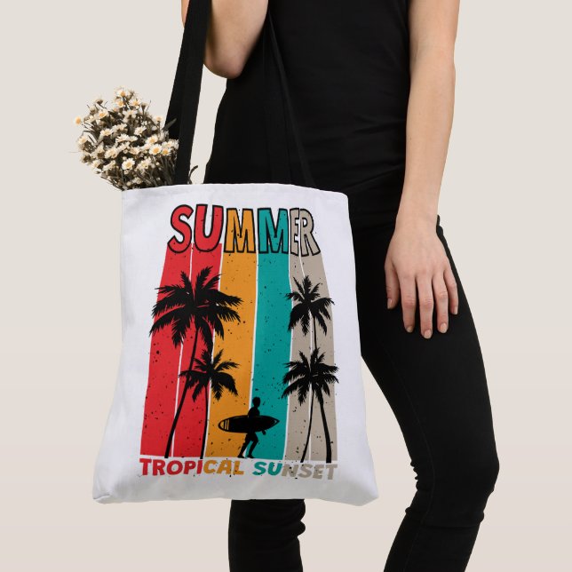 Tote Bag Tropical Rush : Coucher de soleil et Surf (De près)