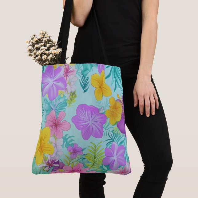 Tote Bag Tropical Summer Floral Pattern - Bright Hibiscus  (De près)