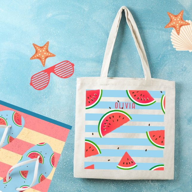 Tote Bag Tropical Watermelon Red Stripes Personnalisé (Créateur téléchargé)