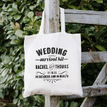 Tote Bag Trousse de survie mariage Bienvenue<br><div class="desc">Accueillez vos invités avec des essentiels de survie mariages (eau, snacks, anti-douleur, bandages, trousse à coudre, etc.) dans ces mignons sacs de bienvenue! Caractéristiques de conception "Kit de survie Mariage — En maladie et en santé" en texte vintage noir de style apothécaire. Personnalisez avec vos noms et votre date de...</div>