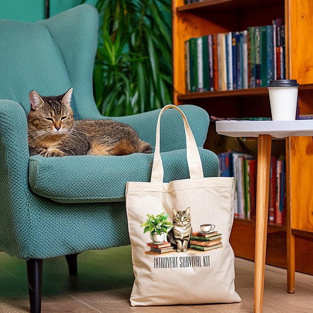 Tote Bag Trousse de survie pour introverti (Chat,plante,caf (Créateur téléchargé)
