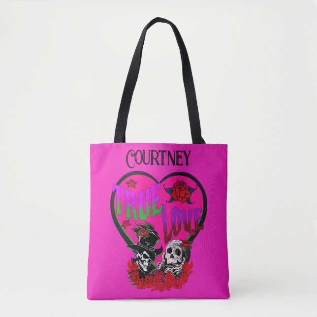 Tote Bag True Love Pink Skull Couple Personnalisé (Devant)