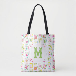 Tote Bag Tuiles de Mahjong en aquarelle lumineuse Monogramm