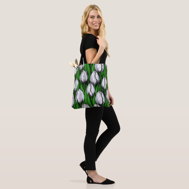 Tote Bag Tulières blanches avec feuilles verts (Sur le modèle)