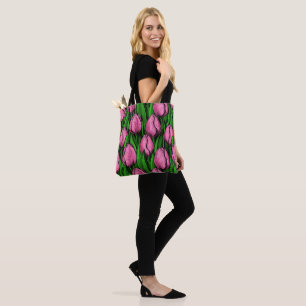 Tote Bag Tulières roses avec feuilles verts