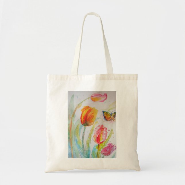 Tote Bag Tulipe colorée et papillon Aquarelle florale (Devant)