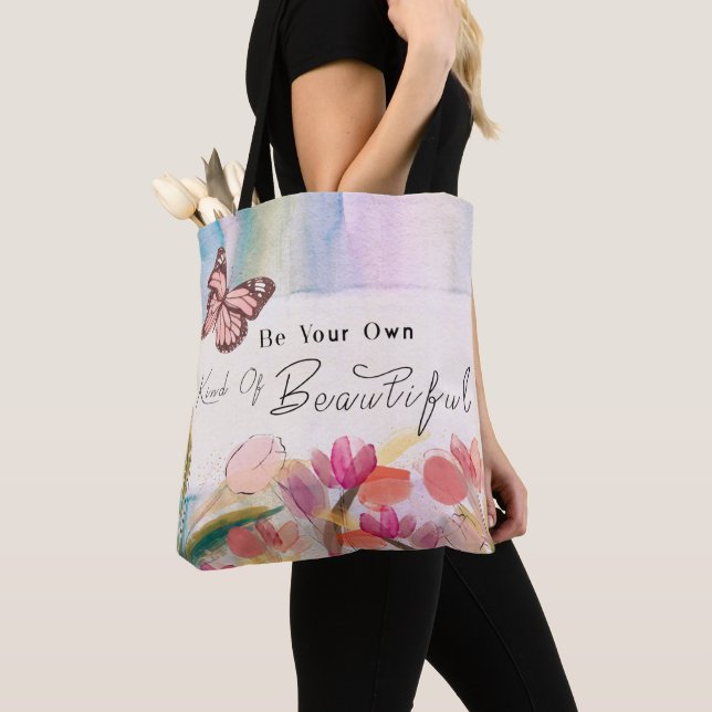 Tote Bag Tulipes chaudes et citation à papillon,Monogramme  (De près)