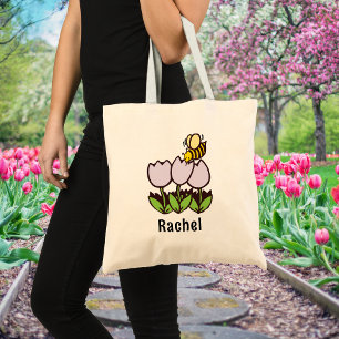 Tote Bag Tulipes et Abeille avec Nom Personnalisé Jardinage
