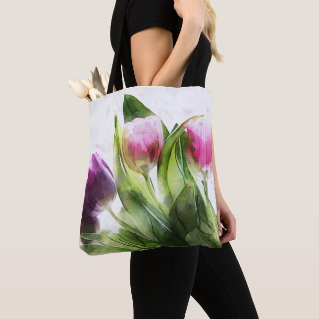 Tote Bag Tulipes Et Feuilles Aquarelles (De près)