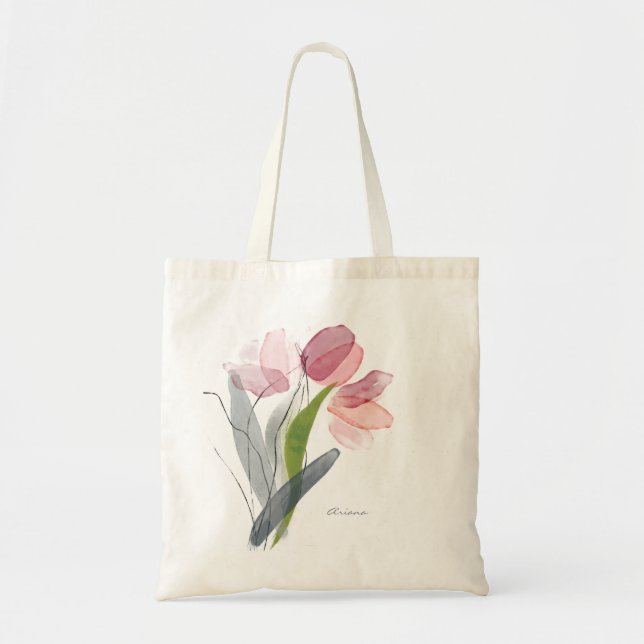 Tote Bag Tulipes florales aquarelles rose poudré feuilles v (Devant)