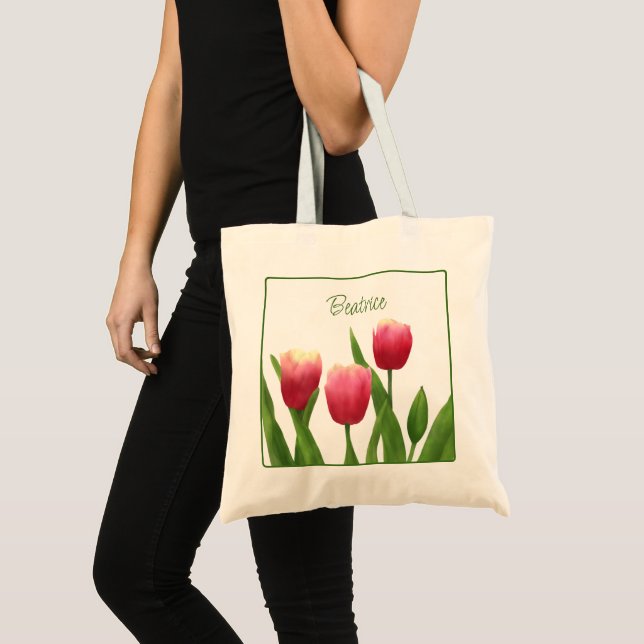 Tote Bag Tulipes rouges avec verdure (Devant (produit))