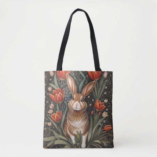 Tote Bag Tulipes rouges Brown de lapin William Morris inspi (Devant)