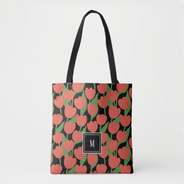 Tote Bag Tulipes rouges rétro, monogramme personnalisé (Devant)