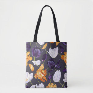 Tote Bag Tulipes vintages dessinées à la main Motif foncé