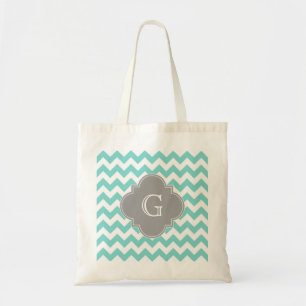 Tote Bag Turq / Aqua Blanc Chevron Gris Quatrefeuilles Mono