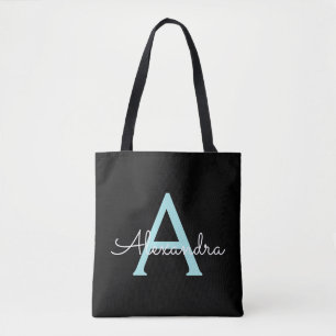 Tote Bag Turquoise Aqua Blue Girl Script Monogramme Nom Mod