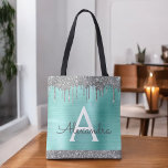 Tote Bag Turquoise Aqua Parties scintillant Argent Éclairé<br><div class="desc">Silver de luxe et Turquoise Aqua Blue Faux Sparkle et Parties scintillant Métallic acier inoxydable Foil Elégant sac de livre de monogramme. Ce sac de livre peut être customisé pour inclure votre nom initial et prénom et donné comme cadeau pour Noël,  Sweet 16 Anniversaire,  Fête des mariées ou Mariage.</div>