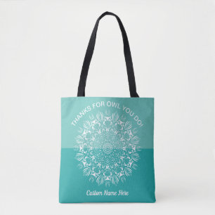 Tote Bag Turquoise Aqua white owl'appréciation de l'enseign