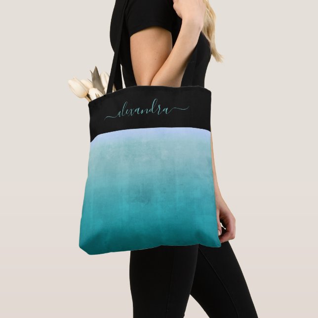 Tote Bag Turquoise Blanc Noir rustique ombre personnalisée (De près)