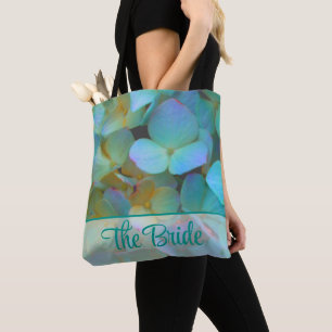 Tote Bag Turquoise bleu jaune rose hydrangée fleurs