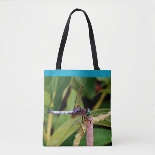 Tote Bag Turquoise bleu libellule mauve fleurs étang avec n