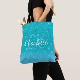 Tote Bag Turquoise bleu parties scintillant aqua vert monog