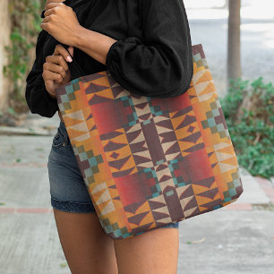 Tote Bag Turquoise Bleu Rouge Brown Orange Tribal Art Motif