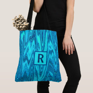Tote Bag Turquoise Blue Ocean Waves Abstrait Monogramme ini
