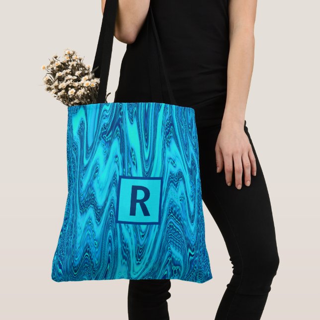 Tote Bag Turquoise Blue Ocean Waves Abstrait Monogramme ini (De près)