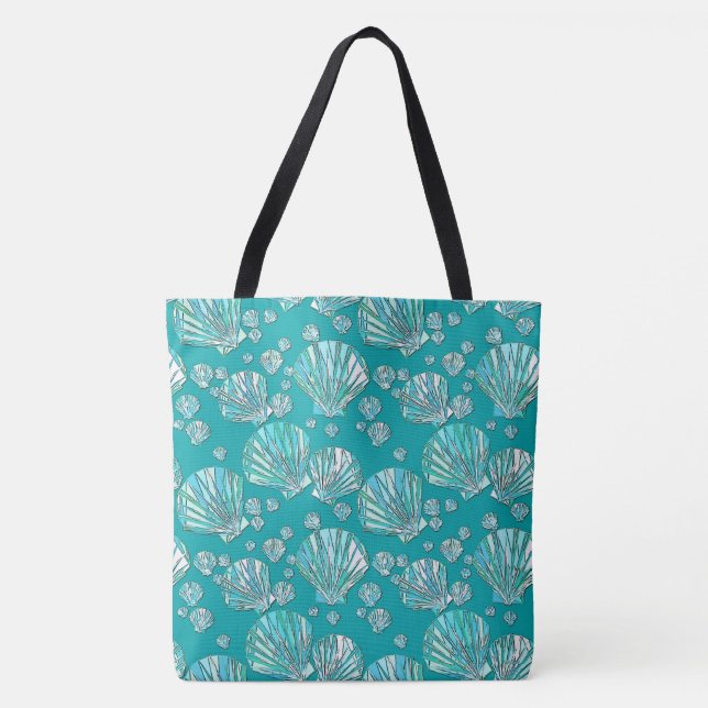 Tote Bag Turquoise, coquillages de mer, arrière - plan turq (Devant)