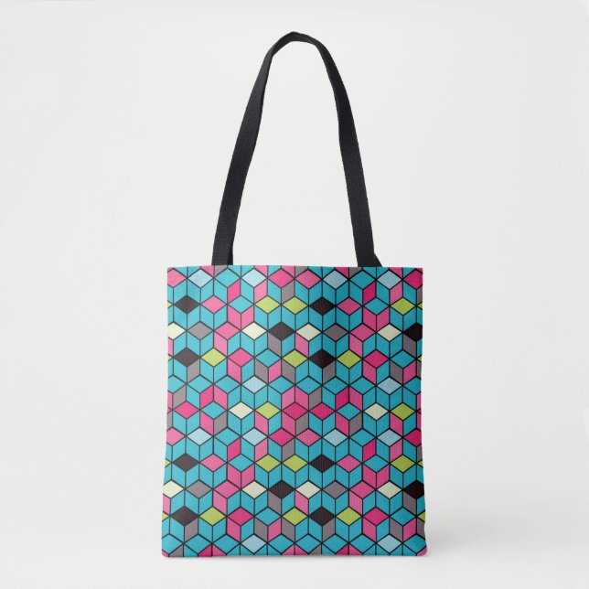 Tote Bag Turquoise et motif rose de cube (Devant)