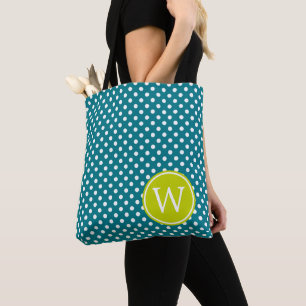 Tote Bag Turquoise et pois blancs avec monogramme lime
